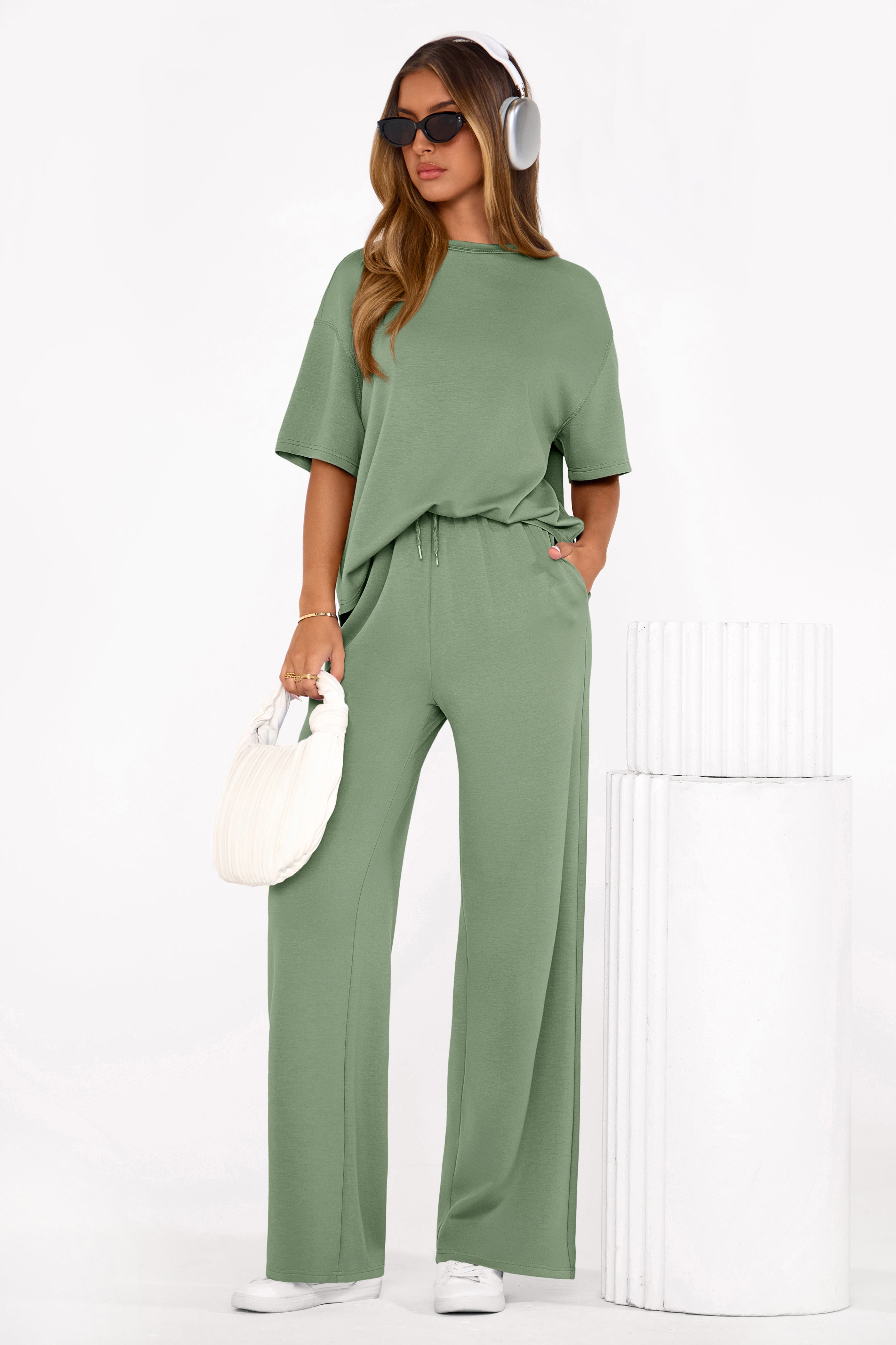 PRETTYGARDEN Women's Summer 2 Piece Lounge Set Short Sleeve Tops Wide Leg Pants Spring Vacation Travel Outfits Clothes