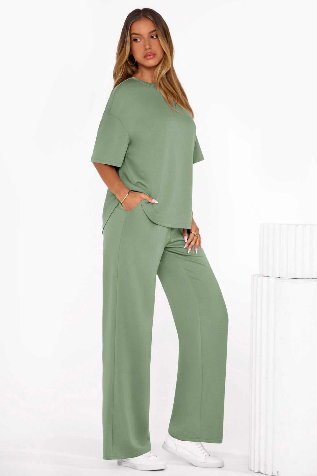PRETTYGARDEN Women's Summer 2 Piece Lounge Set Short Sleeve Tops Wide Leg Pants Spring Vacation Travel Outfits Clothes