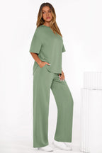 PRETTYGARDEN Women's Summer 2 Piece Lounge Set Short Sleeve Tops Wide Leg Pants Spring Vacation Travel Outfits Clothes