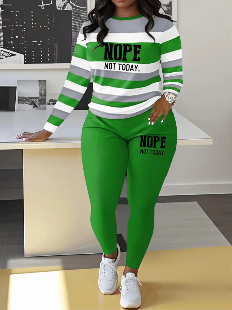 Two-piece Set Women's Striped and Letter Print Tee & Elastic Waist Pants