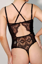 Cutout Detail Halter Neck Lace Bodysuit in Black