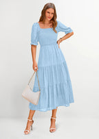 PRETTYGARDEN Women's Casual Midi Dresses Square Neck Short Sleeve Smocked A Line Floral Flowy Elegant Boho Dress