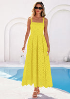 PRETTYGARDEN Womens Sleeveless Maxi Summer Dresses Hollow Out Eyelet Square Neck Ruffle Flowy Beach Vacation Sundress