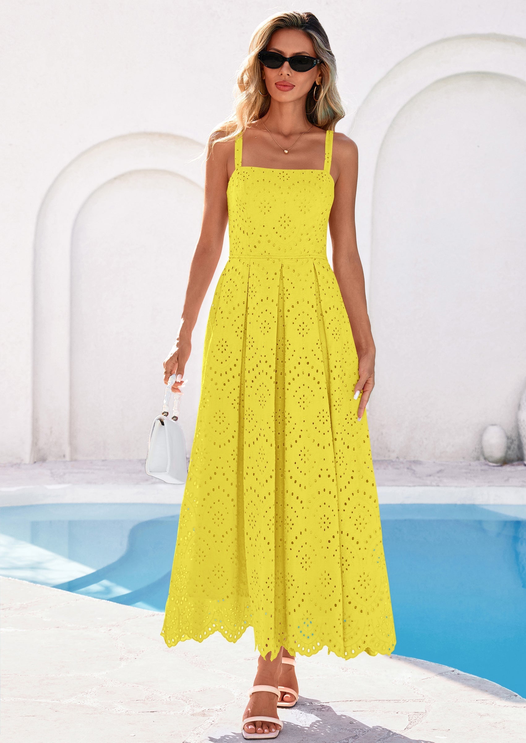 PRETTYGARDEN Womens Sleeveless Maxi Summer Dresses Hollow Out Eyelet Square Neck Ruffle Flowy Beach Vacation Sundress