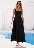 PRETTYGARDEN Womens Sleeveless Maxi Summer Dresses Hollow Out Eyelet Square Neck Ruffle Flowy Beach Vacation Sundress
