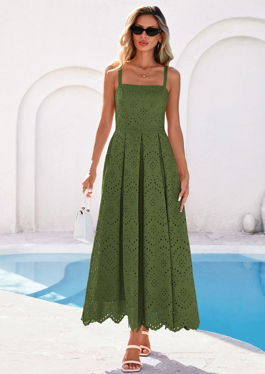 PRETTYGARDEN Womens Sleeveless Maxi Summer Dresses Hollow Out Eyelet Square Neck Ruffle Flowy Beach Vacation Sundress