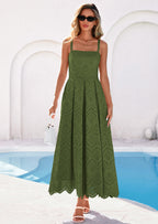 PRETTYGARDEN Womens Sleeveless Maxi Summer Dresses Hollow Out Eyelet Square Neck Ruffle Flowy Beach Vacation Sundress