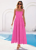 PRETTYGARDEN Womens Sleeveless Maxi Summer Dresses Hollow Out Eyelet Square Neck Ruffle Flowy Beach Vacation Sundress