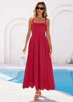 PRETTYGARDEN Womens Sleeveless Maxi Summer Dresses Hollow Out Eyelet Square Neck Ruffle Flowy Beach Vacation Sundress