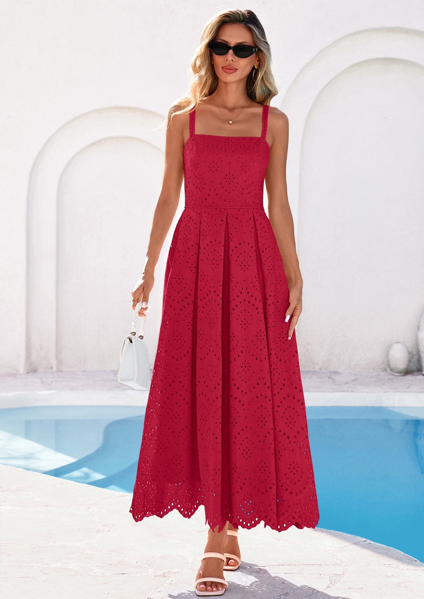 PRETTYGARDEN Womens Sleeveless Maxi Summer Dresses Hollow Out Eyelet Square Neck Ruffle Flowy Beach Vacation Sundress