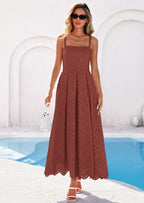 PRETTYGARDEN Womens Sleeveless Maxi Summer Dresses Hollow Out Eyelet Square Neck Ruffle Flowy Beach Vacation Sundress