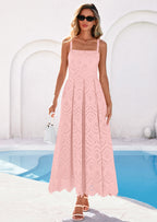 PRETTYGARDEN Womens Sleeveless Maxi Summer Dresses Hollow Out Eyelet Square Neck Ruffle Flowy Beach Vacation Sundress