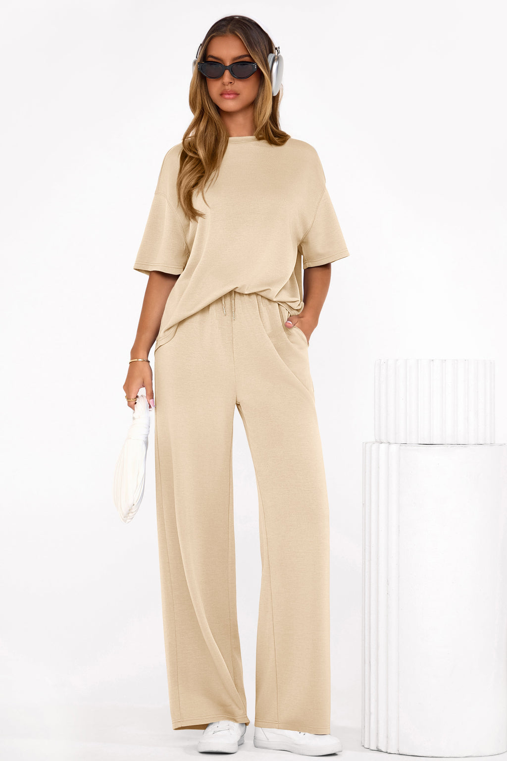 PRETTYGARDEN Women's Summer 2 Piece Lounge Set Short Sleeve Tops Wide Leg Pants Spring Vacation Travel Outfits Clothes