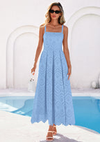 PRETTYGARDEN Womens Sleeveless Maxi Summer Dresses Hollow Out Eyelet Square Neck Ruffle Flowy Beach Vacation Sundress