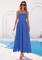 PRETTYGARDEN Womens Sleeveless Maxi Summer Dresses Hollow Out Eyelet Square Neck Ruffle Flowy Beach Vacation Sundress