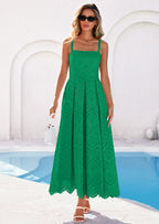 PRETTYGARDEN Womens Sleeveless Maxi Summer Dresses Hollow Out Eyelet Square Neck Ruffle Flowy Beach Vacation Sundress
