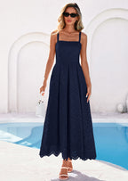 PRETTYGARDEN Womens Sleeveless Maxi Summer Dresses Hollow Out Eyelet Square Neck Ruffle Flowy Beach Vacation Sundress