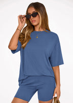 PRETTYGARDEN Women's Two Piece Matching Lounge Sets Summer Casual Tops Short Sleeve Shirts Shorts Travel Airport Outfits
