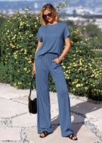 PRETTYGARDEN Women's Summer 2 Piece Matching Lounge Sets Short Sleeve Shirts Tops Wide Leg Pants Travel Airport Outfits