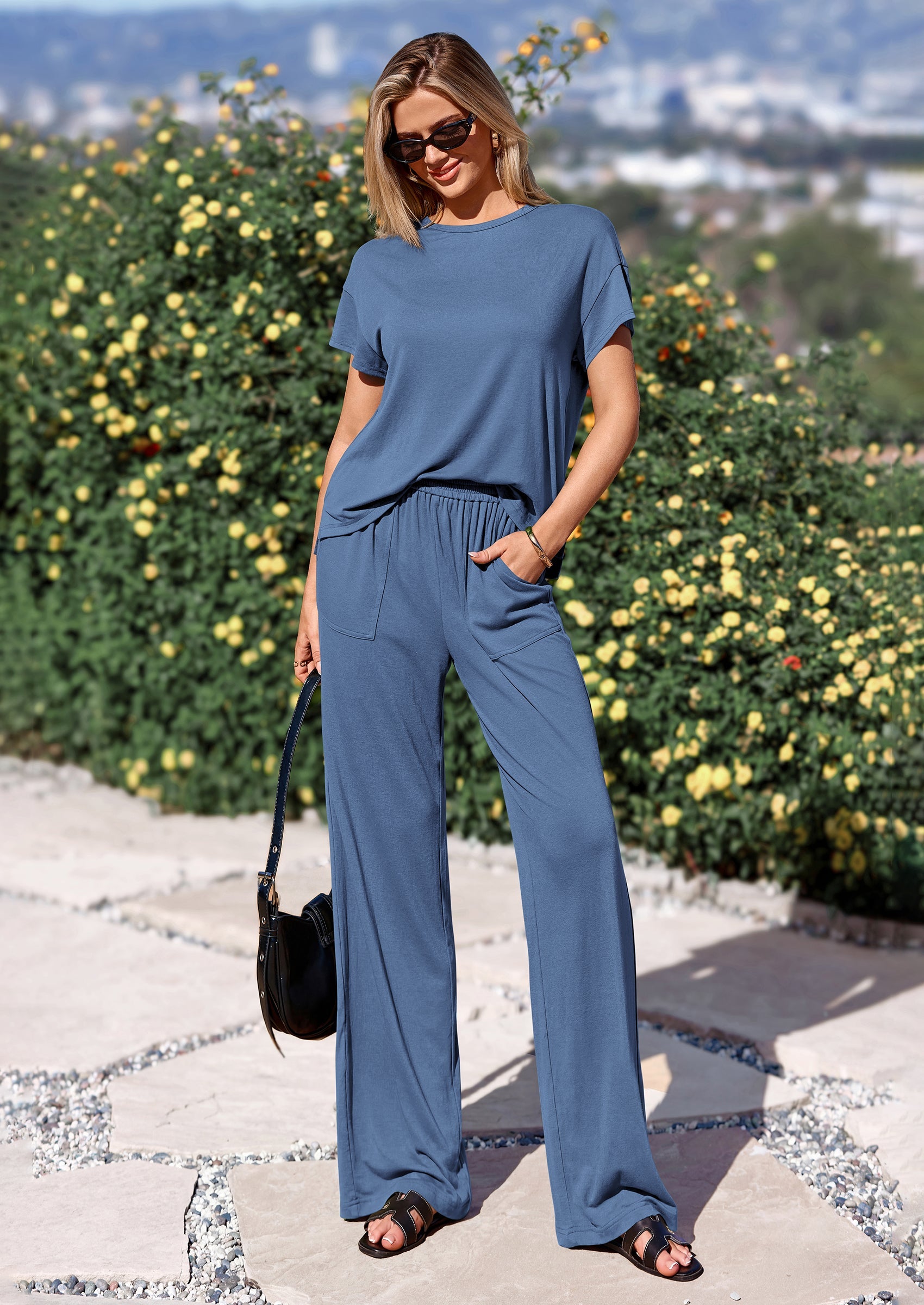 PRETTYGARDEN Women's Summer 2 Piece Matching Lounge Sets Short Sleeve Shirts Tops Wide Leg Pants Travel Airport Outfits