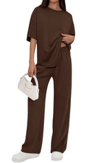 PRETTYGARDEN Women's Summer 2 Piece Lounge Set Short Sleeve Tops Wide Leg Pants Spring Vacation Travel Outfits Clothes