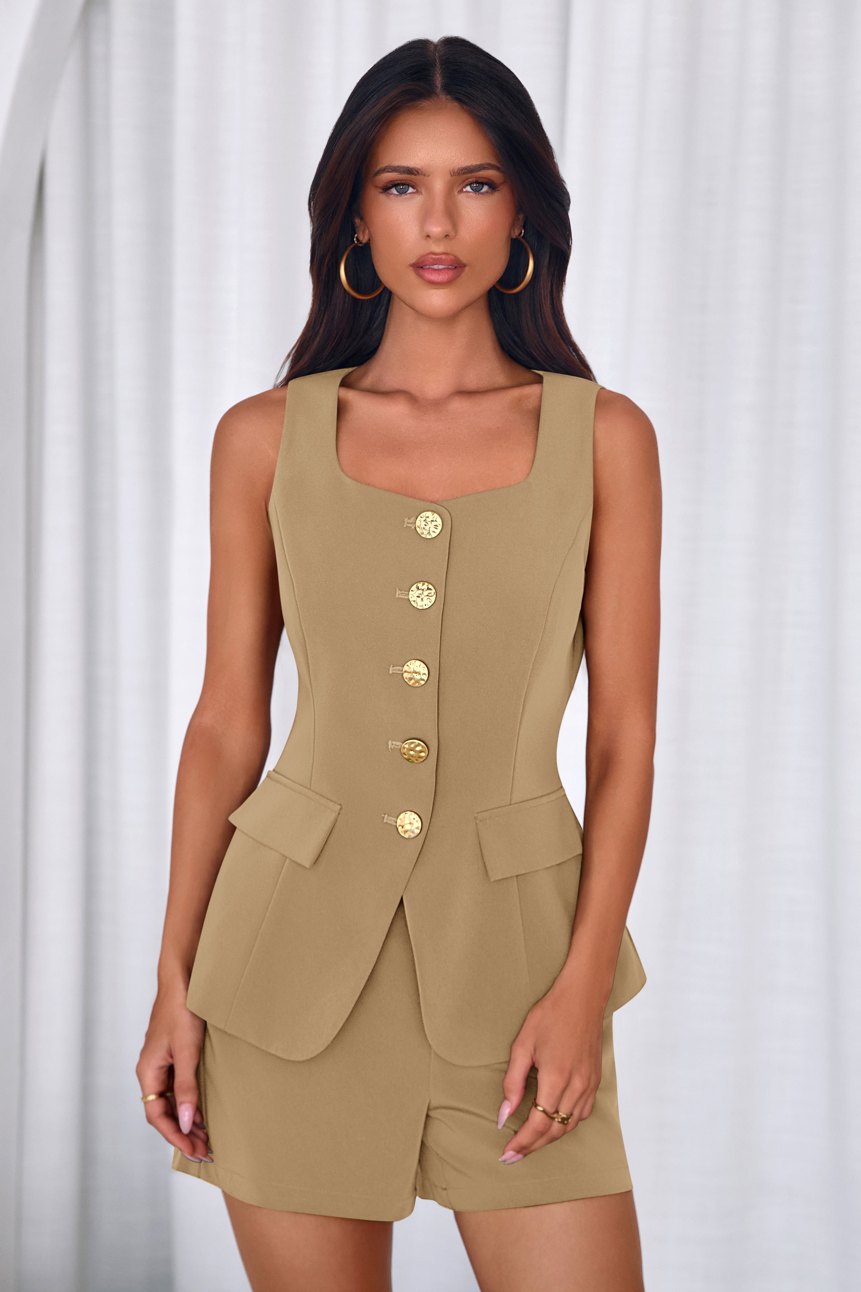 PRETTYGARDEN Womens 2 Piece Matching Sets Fashion Button Down Suit Vest Tops Shorts Set Spring Business Casual Outfits