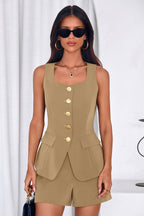PRETTYGARDEN Womens 2 Piece Matching Sets Fashion Button Down Suit Vest Tops Shorts Set Spring Business Casual Outfits