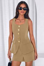 PRETTYGARDEN Womens 2 Piece Matching Sets Fashion Button Down Suit Vest Tops Shorts Set Spring Business Casual Outfits