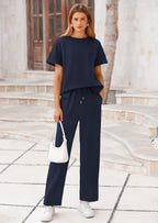PRETTYGARDEN 2 Piece Outfits For Women Casual Tracksuit Short Sleeve Tops And Wide Leg Long Pants Matching Lounge Sets
