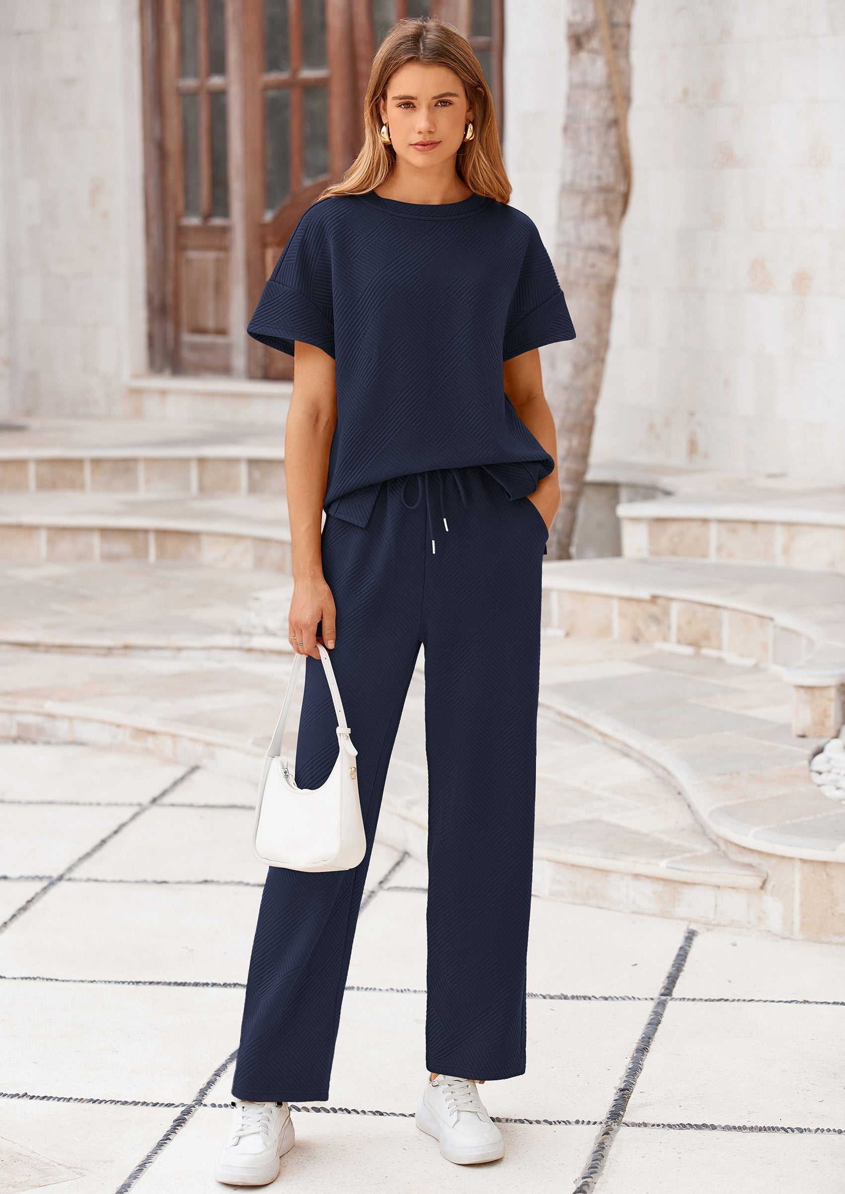 PRETTYGARDEN 2 Piece Outfits For Women Casual Tracksuit Short Sleeve Tops And Wide Leg Long Pants Matching Lounge Sets