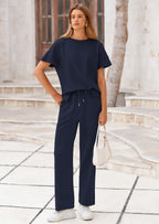 PRETTYGARDEN 2 Piece Outfits For Women Casual Tracksuit Short Sleeve Tops And Wide Leg Long Pants Matching Lounge Sets