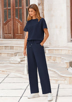 PRETTYGARDEN 2 Piece Outfits For Women Casual Tracksuit Short Sleeve Tops And Wide Leg Long Pants Matching Lounge Sets