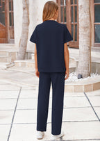 PRETTYGARDEN 2 Piece Outfits For Women Casual Tracksuit Short Sleeve Tops And Wide Leg Long Pants Matching Lounge Sets