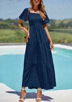 PRETTYGARDEN Womens Summer Puff Short Sleeve Maxi Dress Square Neck Smocked Tiered Ruffle A Line Long Flowy Beach Dresses