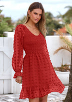 BTFBM Spring Dresses for Women 2026 Long Sleeve Casual V Neck Swiss Dot Smocked Ruffle Chiffon Flowy Mini Summer Dress