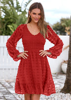 BTFBM Spring Dresses for Women 2026 Long Sleeve Casual V Neck Swiss Dot Smocked Ruffle Chiffon Flowy Mini Summer Dress