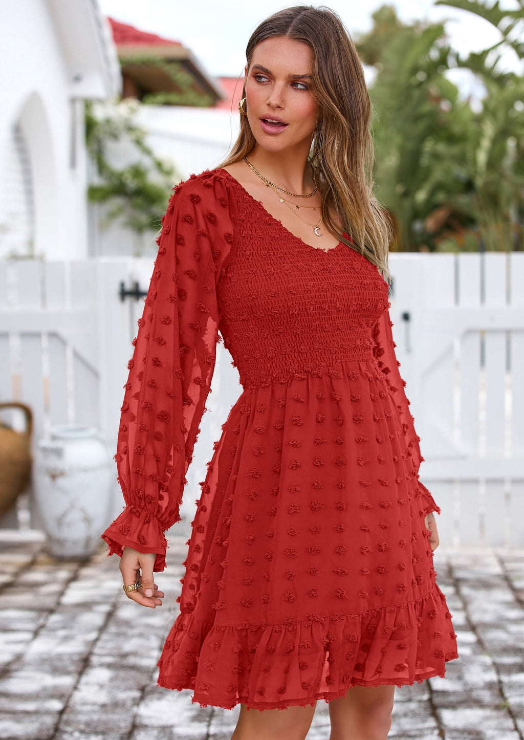 BTFBM Spring Dresses for Women 2026 Long Sleeve Casual V Neck Swiss Dot Smocked Ruffle Chiffon Flowy Mini Summer Dress