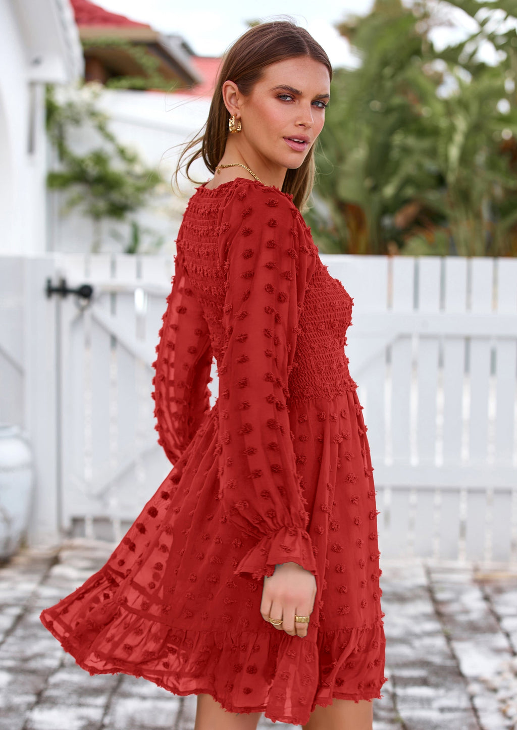 BTFBM Spring Dresses for Women 2026 Long Sleeve Casual V Neck Swiss Dot Smocked Ruffle Chiffon Flowy Mini Summer Dress