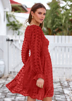 BTFBM Spring Dresses for Women 2026 Long Sleeve Casual V Neck Swiss Dot Smocked Ruffle Chiffon Flowy Mini Summer Dress