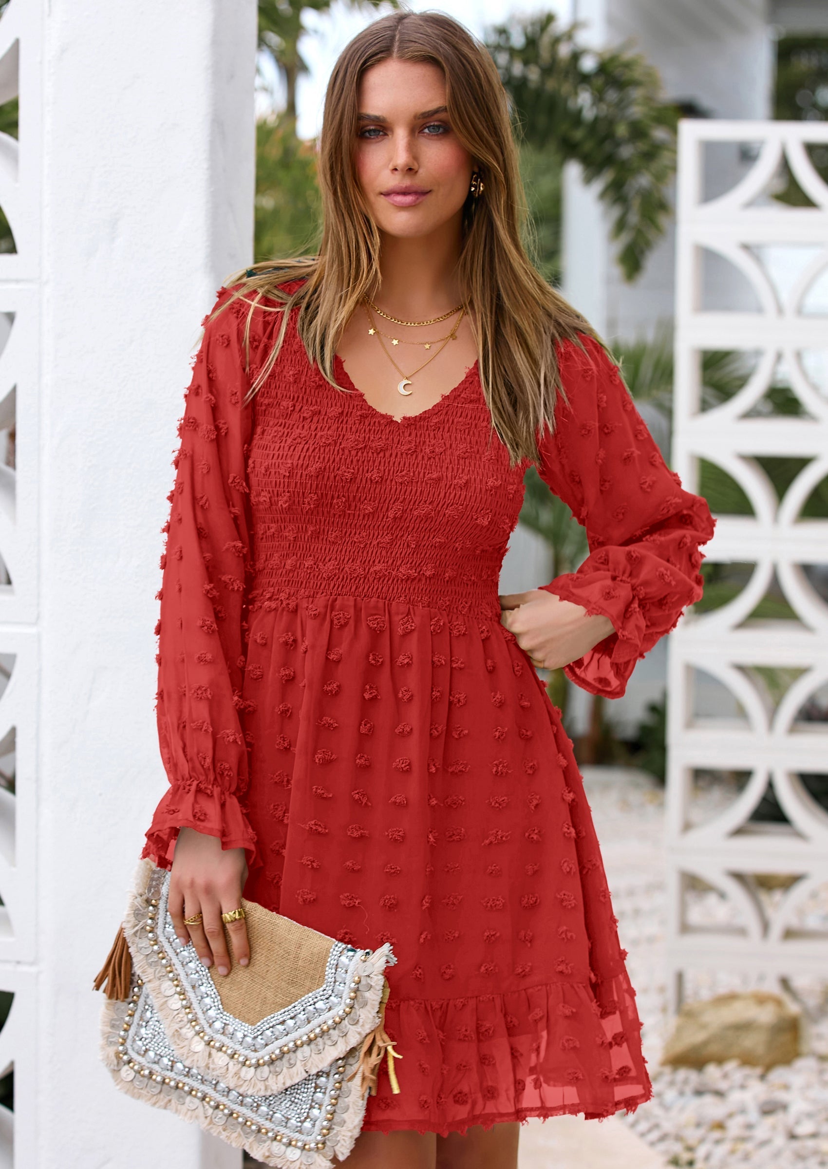 BTFBM Spring Dresses for Women 2026 Long Sleeve Casual V Neck Swiss Dot Smocked Ruffle Chiffon Flowy Mini Summer Dress