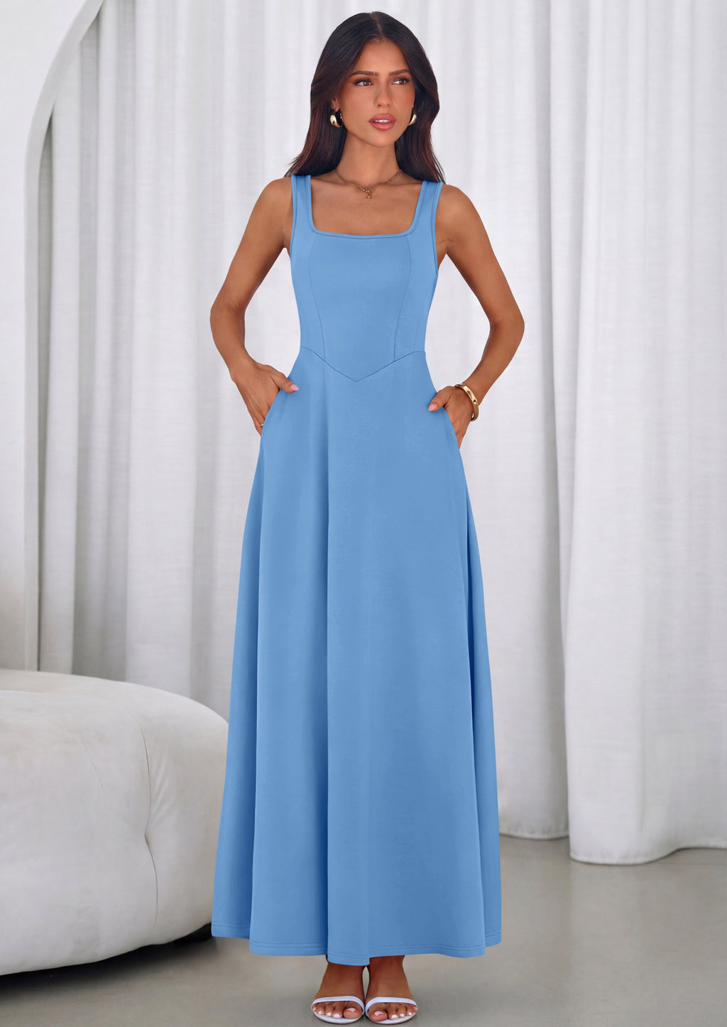 PRETTYGARDEN Womens Summer Dresses Sleeveless Elegant Square Neck Aline Swing Maxi Beach Wedding Guest Dress Pockets