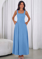 PRETTYGARDEN Womens Summer Dresses Sleeveless Elegant Square Neck Aline Swing Maxi Beach Wedding Guest Dress Pockets