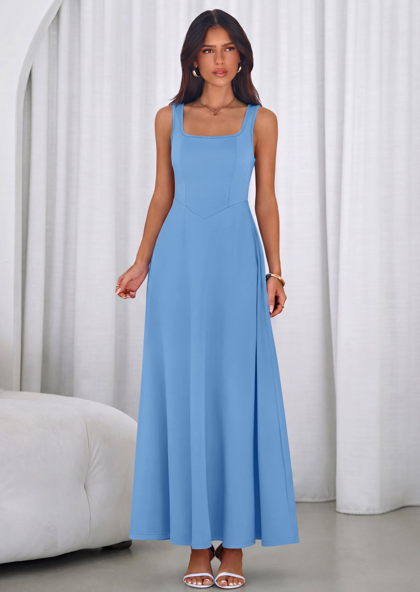 PRETTYGARDEN Womens Summer Dresses Sleeveless Elegant Square Neck Aline Swing Maxi Beach Wedding Guest Dress Pockets