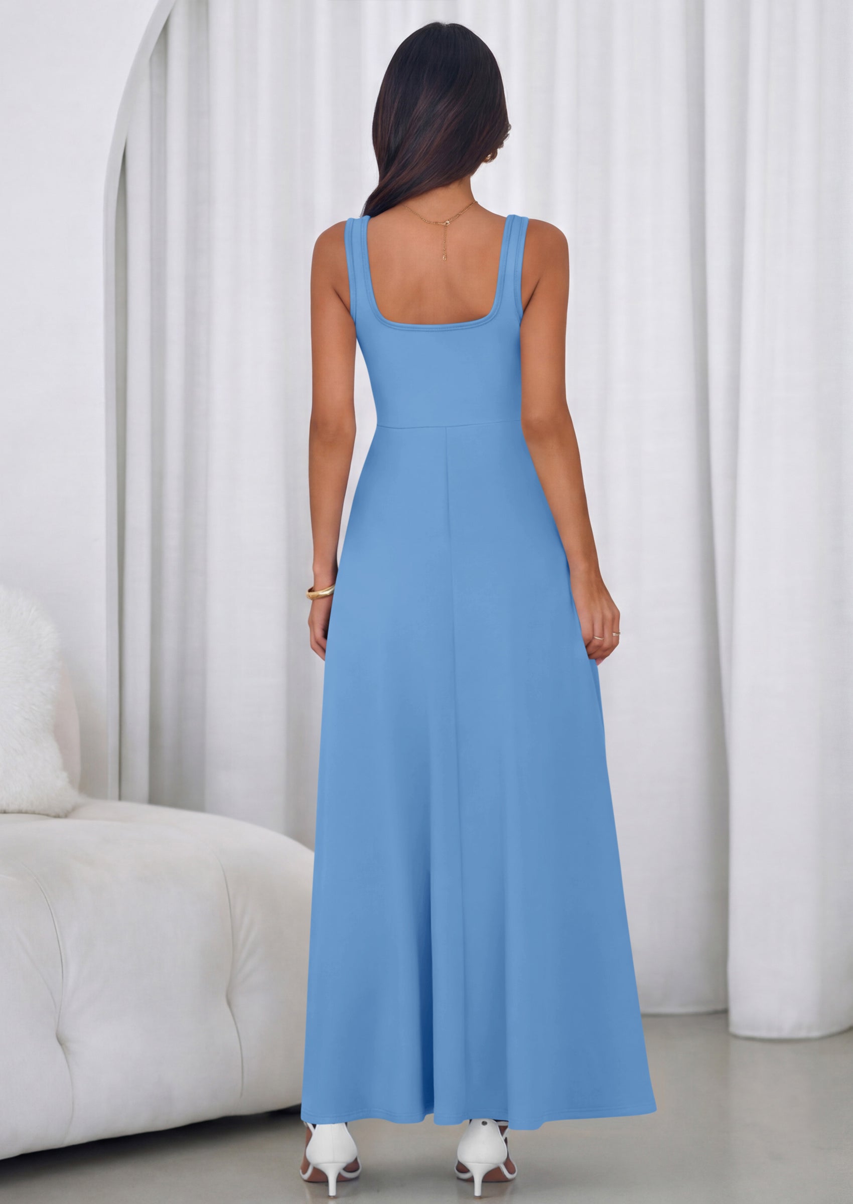 PRETTYGARDEN Womens Summer Dresses Sleeveless Elegant Square Neck Aline Swing Maxi Beach Wedding Guest Dress Pockets