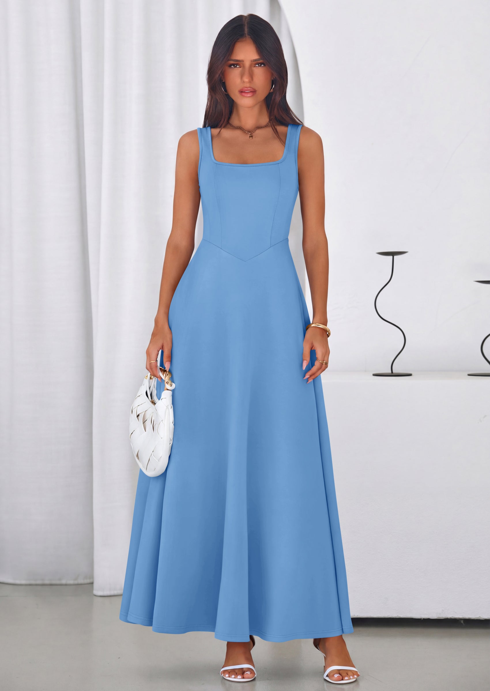 PRETTYGARDEN Womens Summer Dresses Sleeveless Elegant Square Neck Aline Swing Maxi Beach Wedding Guest Dress Pockets