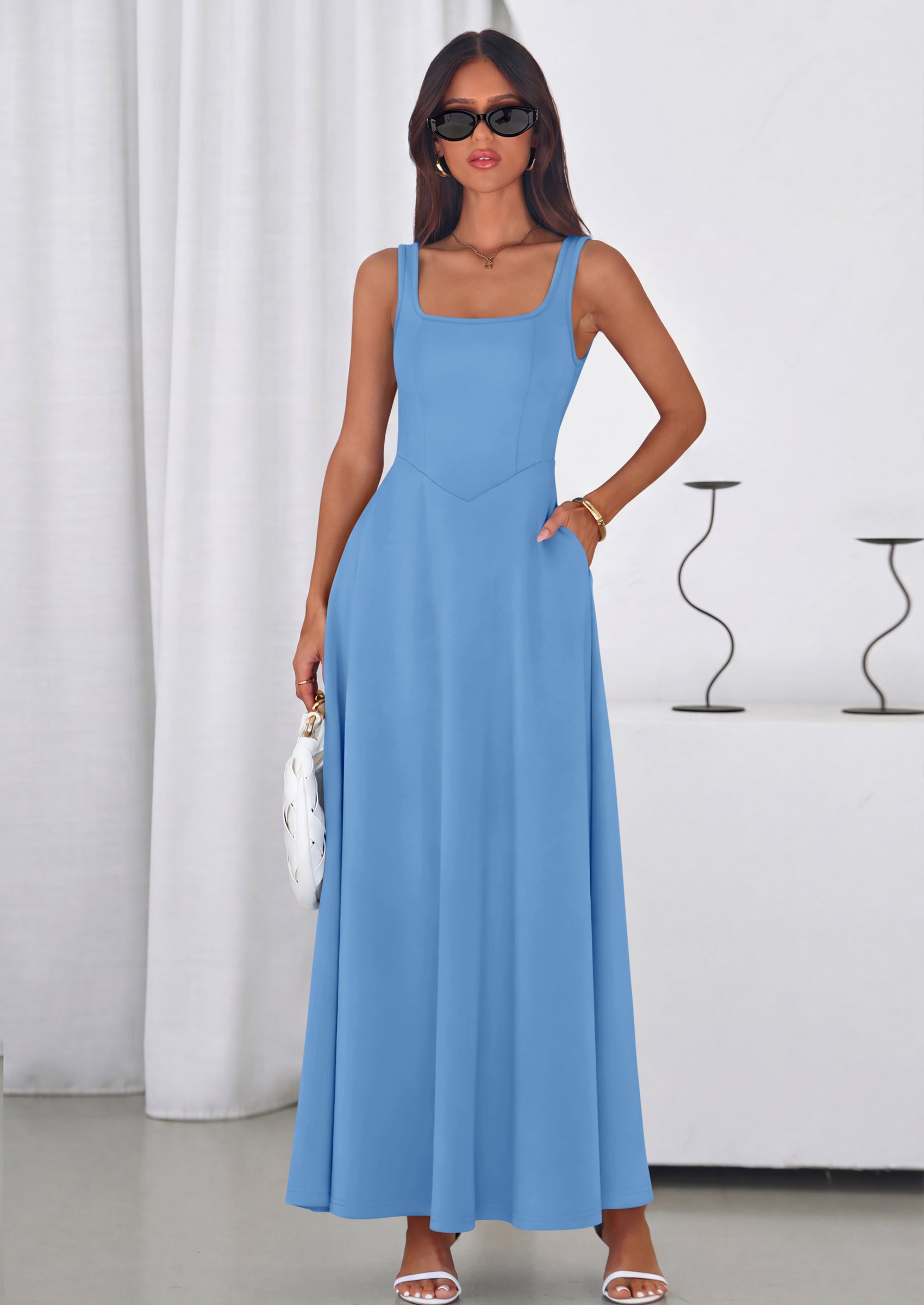 PRETTYGARDEN Womens Summer Dresses Sleeveless Elegant Square Neck Aline Swing Maxi Beach Wedding Guest Dress Pockets