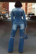 Seam Detail Cinched Jacket Cargo Pocket Pants Denim 2pcs Set-Blue