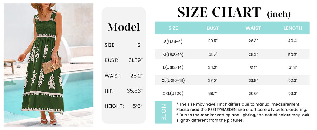 PRETTYGARDEN Womens Summer Boho Maxi Dress Casual Sleeveless Square Neck Floral Aline Smocked Beach Dresses with Pockets