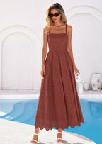 PRETTYGARDEN Womens Sleeveless Maxi Summer Dresses Hollow Out Eyelet Square Neck Ruffle Flowy Beach Vacation Sundress