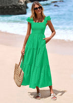 PRETTYGARDEN Womens Square Neck Maxi Dresses Cap Sleeve Eyelet Smocked Tiered A Line Flowy Long Dress with Pockets